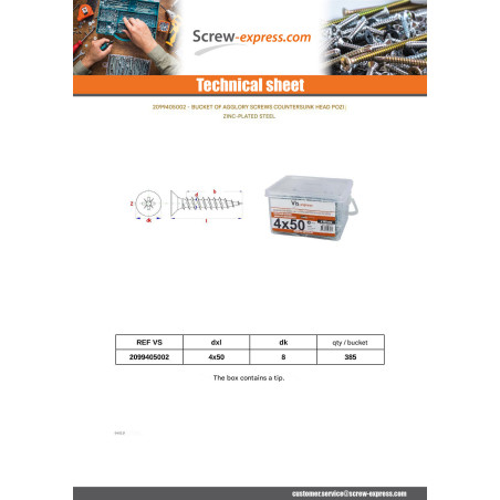 1 x Bucket Of 385 Chipboard Screws 4X50 Countersunk Head Pozi 2 Zinc Plated