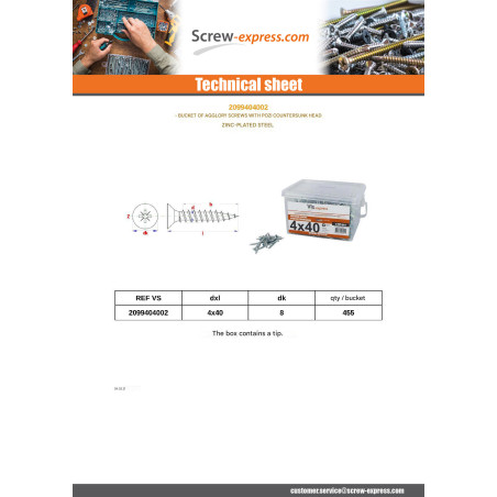 1 x Bucket of 455 Chipboard Screws 4X40 Countersunk Head Pozi PZ2 Zinc Plated