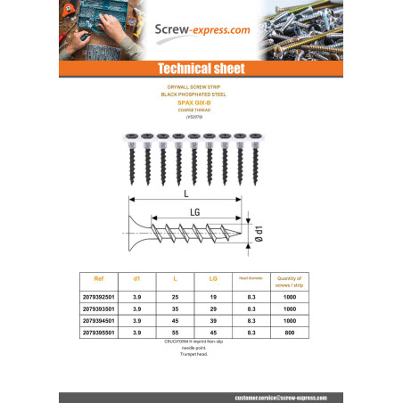 1 x BDE 50 Drywall Screw Spax GIX-B 3.9X55 Phosphated Plain