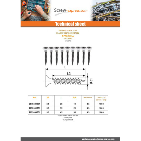 1 x BDE 50 Drywall Screw Spax GIX-A 3.9X25 Phosphated Plain