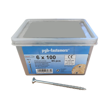 1 x Bucket of 85 Chipboard Screws 6X100 Countersunk Head Pozi PZ2 Zinc Plated