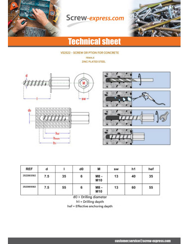 1 x Screw For Concrete Female Zinc Plated 6X55