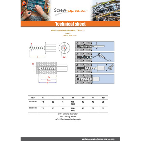 1 x Screw For Concrete Female Zinc Plated 6X55