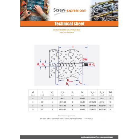 1 x Screw For Concrete Head THREADED MALE 6X95 Zinc Plated