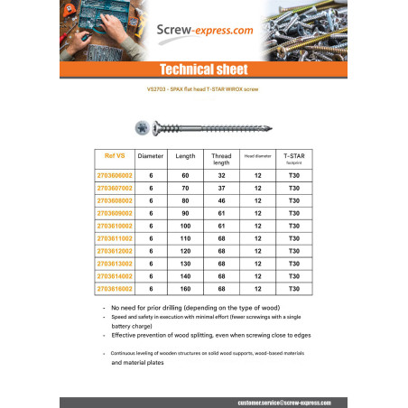 1 x Spax Screw REGULATION Flat Head T-STAR T30 6X130 Thread Length: 68 WIROX