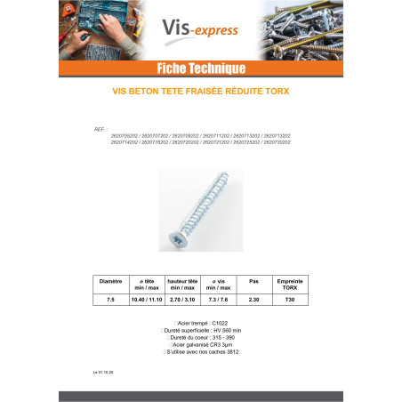 1 x Screw Concrete Countersunk Head Reduced 7.5X212 T30 Zinc Plated
