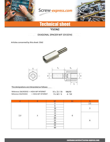 1 x Coupling Nut Hexagonal Male/Female M2.5/6...