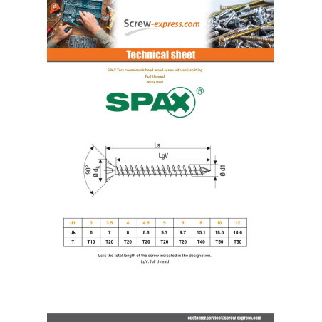 1 x Spax Wood Screw Countersunk Head T20 4.5X50 Full Thread WIROX
