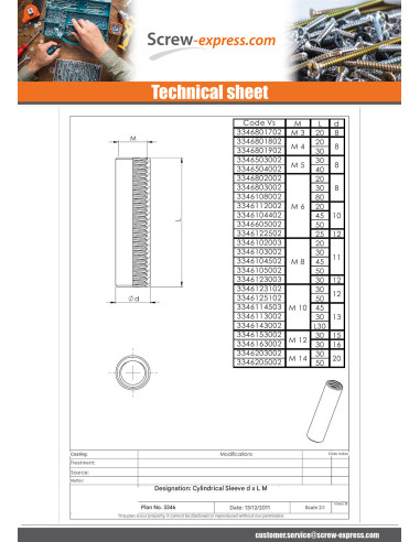1 x Manchon Cylindrical M6X20 Diameter External...