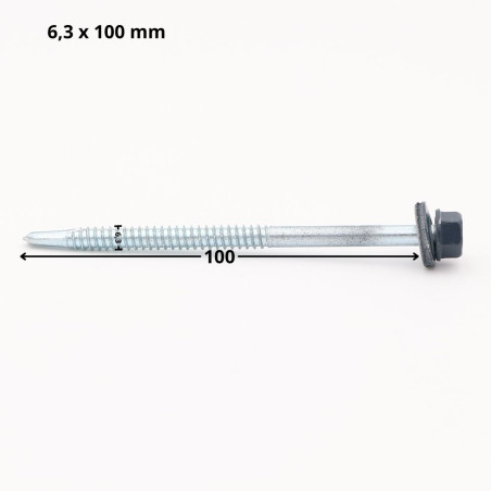 1 x Self Drilling Hexagonal Head 6.3X100 Neoprene Bonded Sealing Washer Epdm Zinc Plated Ral5008/grey bleu