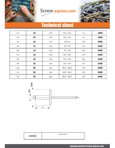 1 x Blind rivets Aluminium Stahlgewinde 4X12...