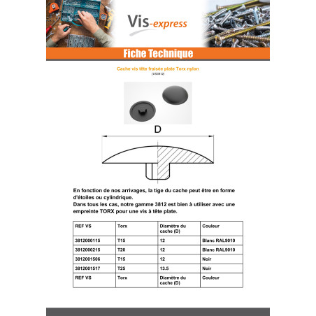 1 x Cover Cap Countersunk Head Torx T25 Head Diameter: 13.5 white nylon