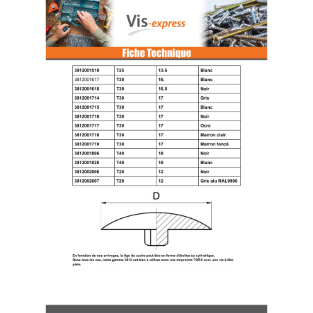 1 x Cover Cap Countersunk Head Torx T25 Head Diameter: 13.5 white nylon