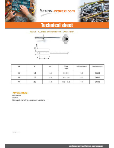 1 x Rivet Steel/ steel ZING 4.8X16 Thickness Of...