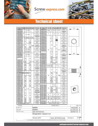 1 x Square Nut M4 24X24X4 Aluminium