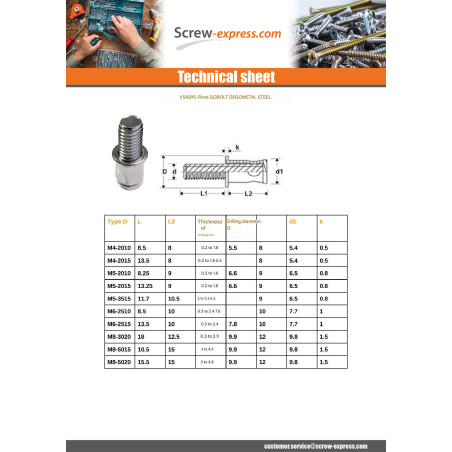 1 x Stud Rivet AVEUGGOBOLT M8X20 EPP3-5.0 Steel