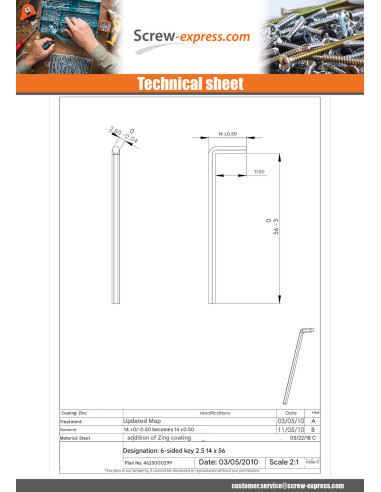1 x Allen Key Of 2.5 14X56 Zinc Plated