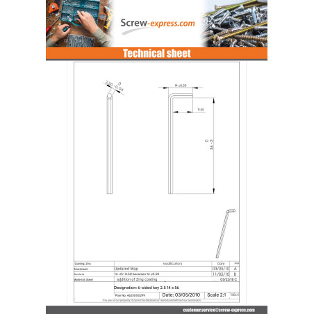 1 x Allen Key Of 2.5 14X56 Zinc Plated