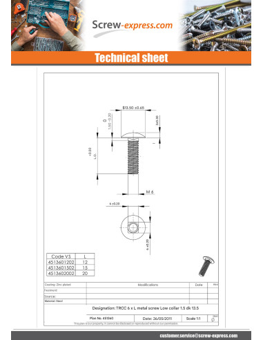 1 x Carriage Bolt M6X15 Thin Square 1.5 Head...