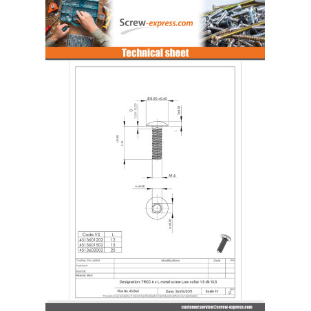 1 x Carriage Bolt M6X15 Thin Square 1.5 Head Diameter: 13.5 Zinc Plated