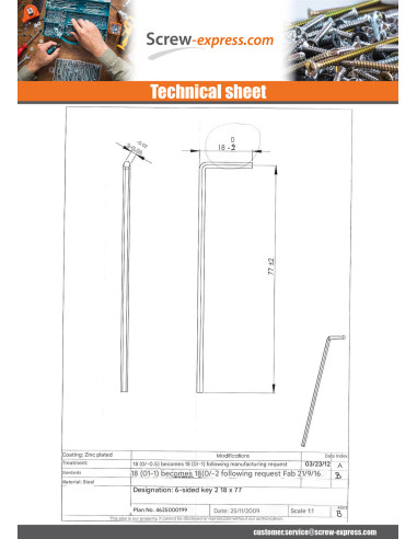 1 x Allen Key Of 2 Length 77 Steel