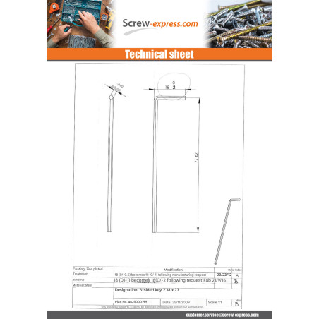 1 x Allen Key Of 2 Length 77 Steel