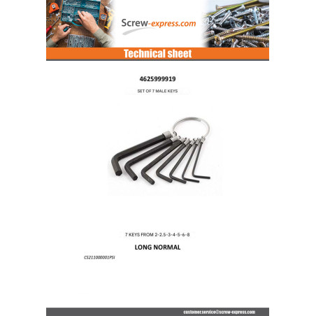 1 x Set of 7 KEYS MALES Hexagon Recess 2 2.5 3 4 5 6 8