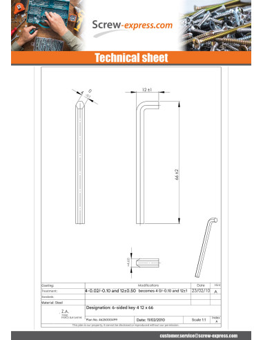 1 x Allen Key Of 4 Length 66
