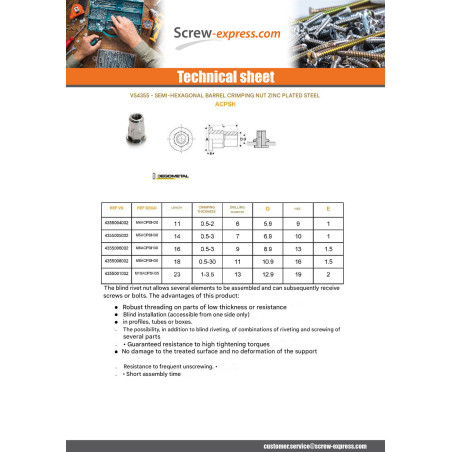 1 x Rivet Nuts Flat Head M6X16 GOFIX ACPSH30 Zinc Plated