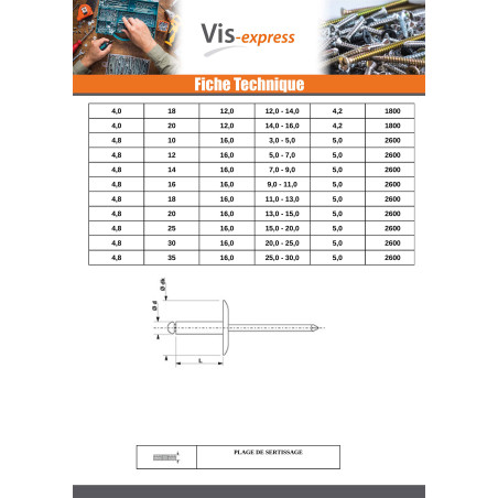 1 x Blind rivets Aluminium Stahlgewinde 3.2X6 Thickness Of Panel 1 to 3 Extra Large Head ALX