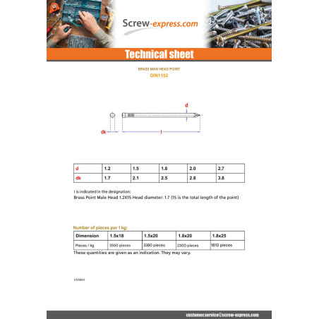 1 x Kg of nails Brass Head Male 1.5X18 Head Diameter: 2.1