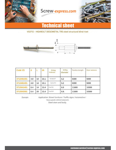 1 x Rivet Blind HIGHBOLT TRS Steel 6.4X14
