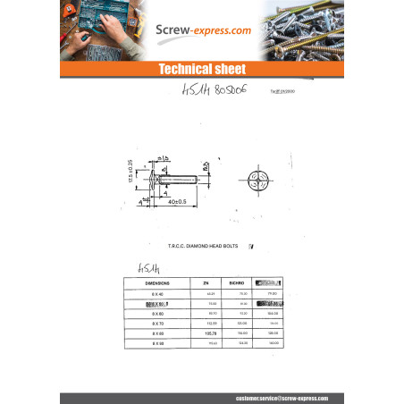 1 x Carriage Bolt Head DIAMOND M8X50 Black Zinc Plated