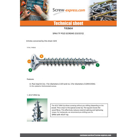 1 x Screw Spax Countersunk Head Pozi N°1 2X12 Head Diameter: 4.3 Full Thread YELLOX micro screw