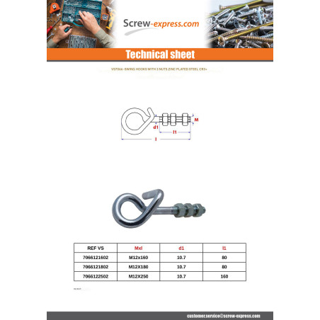 1 x Hook SWING +3 Nut Zinc Plated M12X180