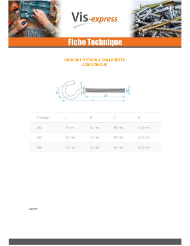 1 x Hook With Collar M5X50 Zinc Plated