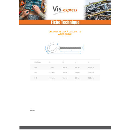 1 x Hook With Collar M5X50 Zinc Plated