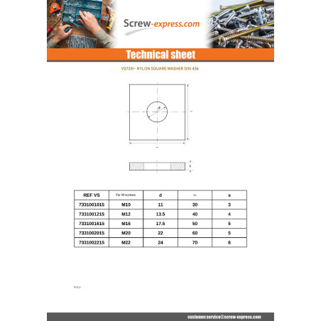 1 x Washer Square natural nylon M12X40X4