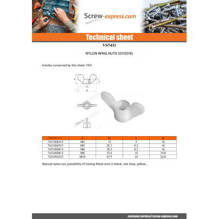 1 x Wing nut natural nylon M4