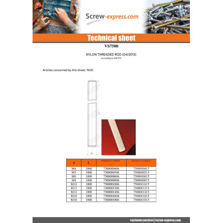 1 x Threaded Rod M6 Length 1 Meter natural nylon