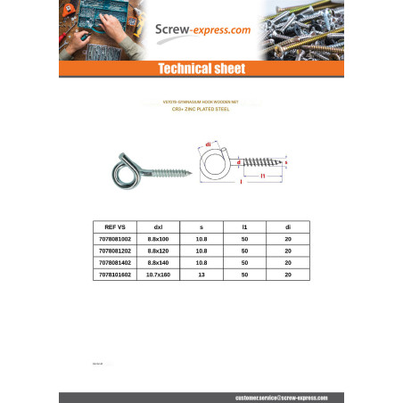 1 x Gym hook Thread Wood Zinc Plated 8.8X140