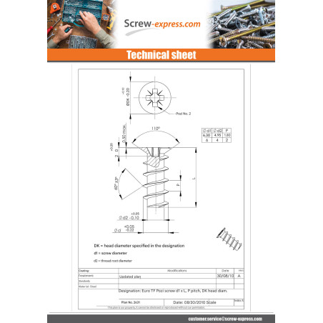 1 x Euro screw Countersunk Head Pozi 6.3X16 Head Diameter: 7.5 Zinc Plated Sheet Metal Thread