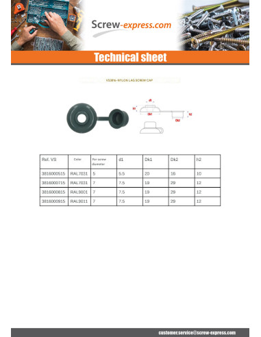 1 x Cover Cap Coach Screw Of 7 RAL9011