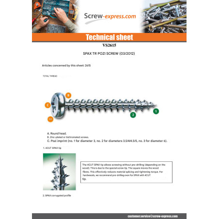 1 x Screw Spax Round Head Pozi N°2 4.5X15 WIROX