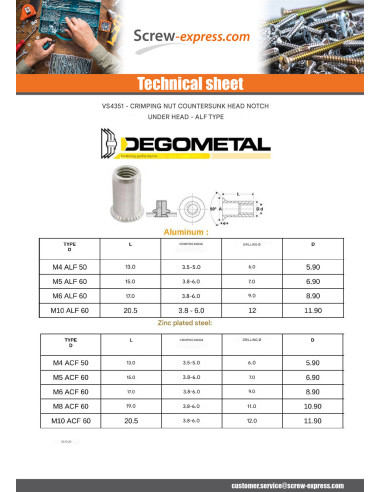 1 x Rivet Nuts Countersunk Head M10X20.5 ACF 60