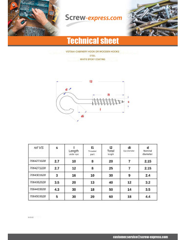 1 x Hook CUPBOARD 5X30 Thread Length: 20 Total...