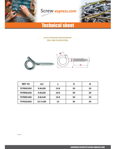 1 x Gym hook Thread Wood Zinc Plated 10.7X160