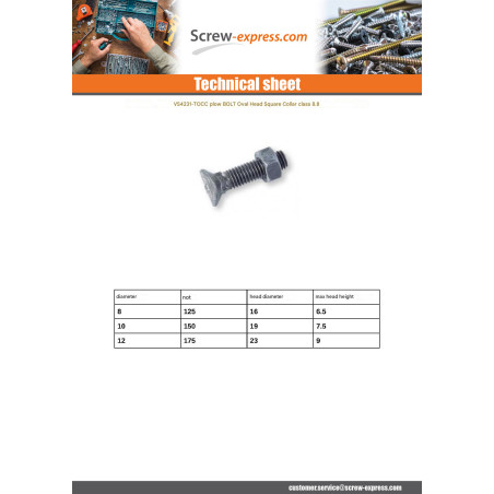 1 x Bolt With Nut TOCC oval square collar M10X38 Pitch 150 Class 8.8 Zinc Plated