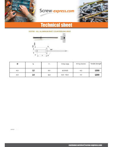 1 x Rivet alu 4X12 Thickness Of Panel 6 to 8...