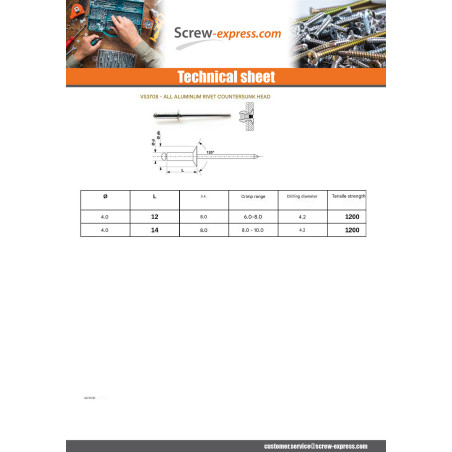 1 x Rivet alu 4X12 Thickness Of Panel 6 to 8 Countersunk Head YOUR